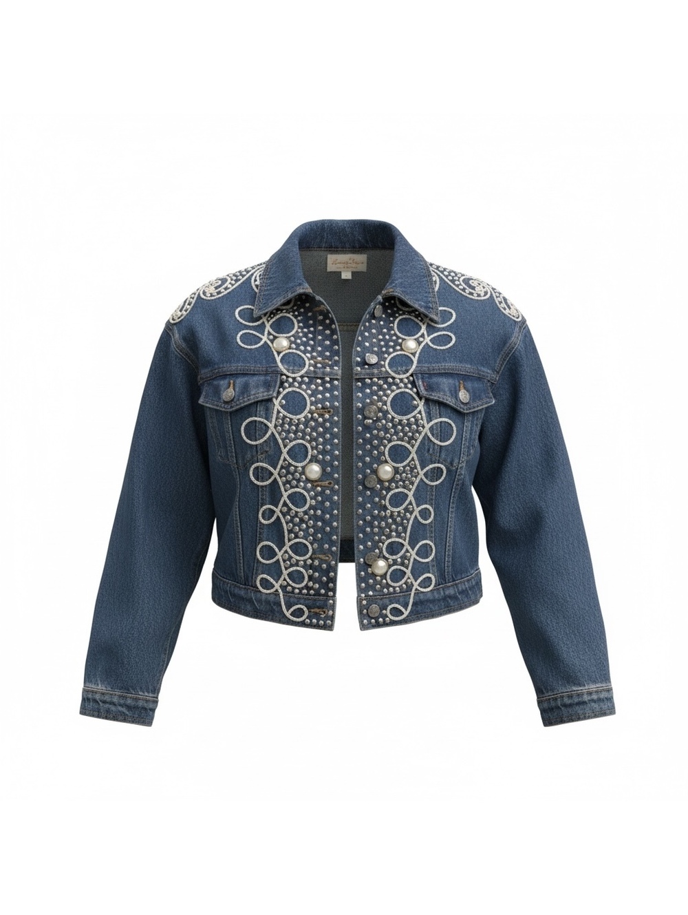 Vintage Cache Denim Rhinestone & Embroidered Cropped Jacket